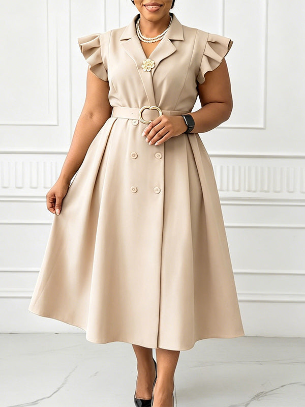 Frilled Double-Breasted Belted Dress