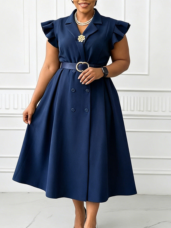 Frilled Double-Breasted Belted Dress