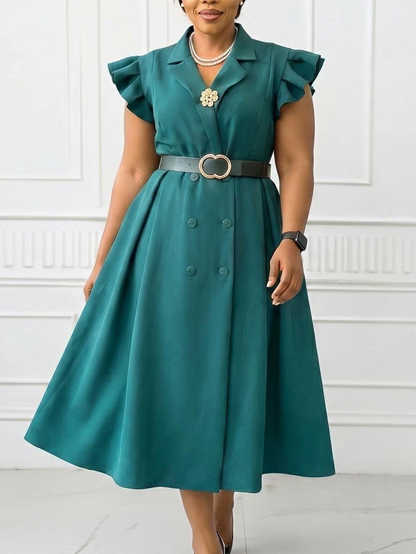 Frilled Double-Breasted Belted Dress