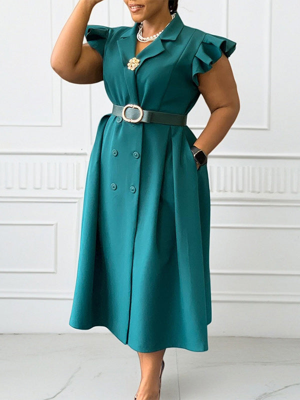 Frilled Double-Breasted Belted Dress