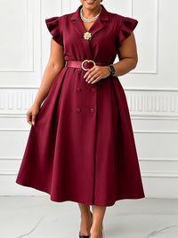 Frilled Double-Breasted Belted Dress