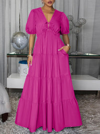 Solid V-Neck Ruffle Dress
