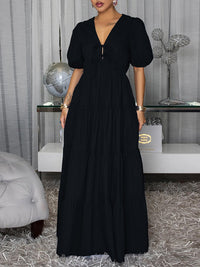 Solid V-Neck Ruffle Dress