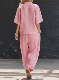 Button V-Neck Shirt & Pants Set