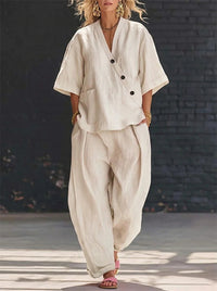 Button V-Neck Shirt & Pants Set