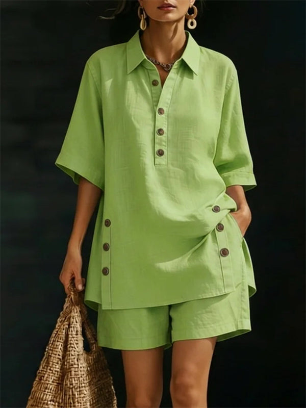 Solid Button Shirt & Shorts Set