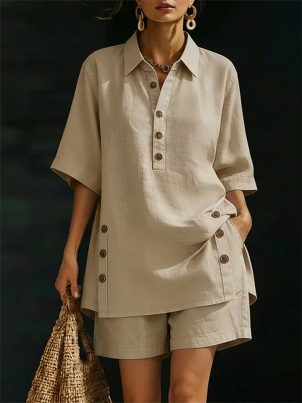 Solid Button Shirt & Shorts Set