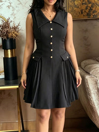 Button-Front Pleated Sleeveless Dress