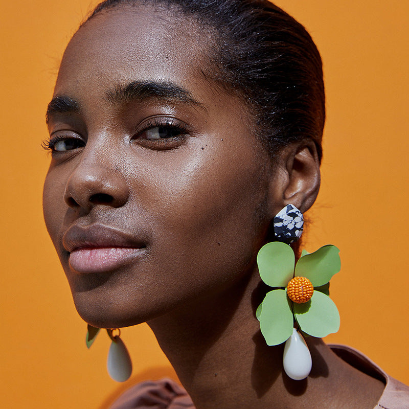 Fashion Big Green Flowers Drop Earrings