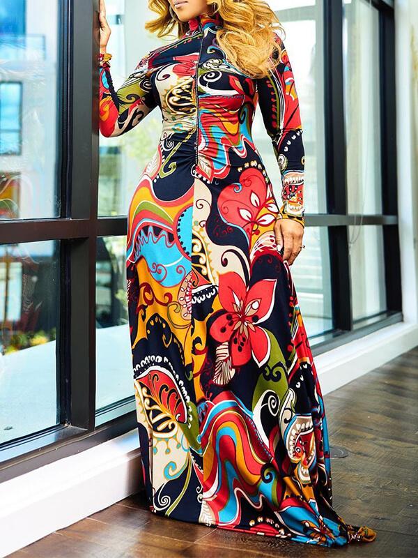 Beautiedoll Printed Zip-Front Maxi Dress
