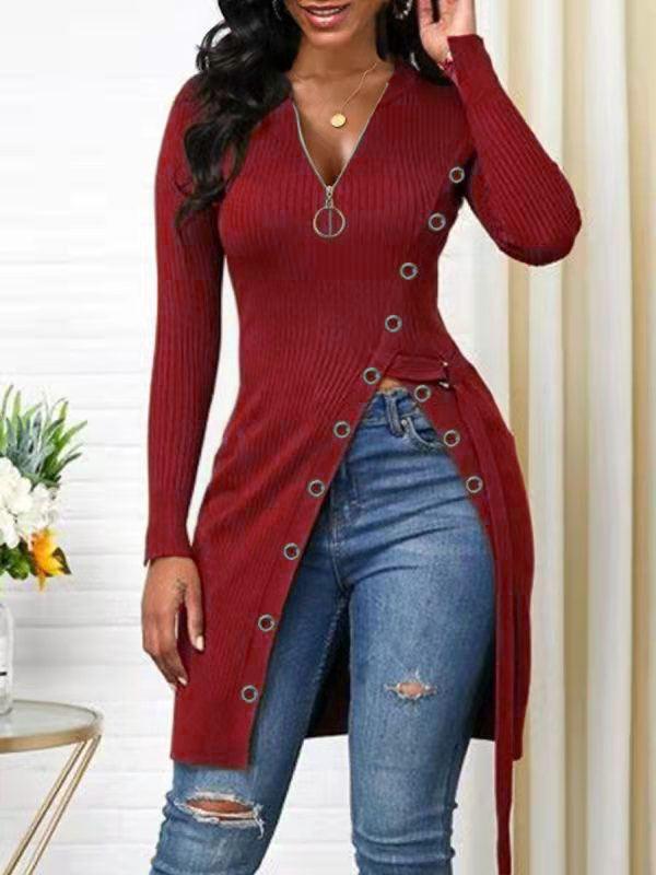Beautiedoll Zip-Front Slit Ribbed Tunic