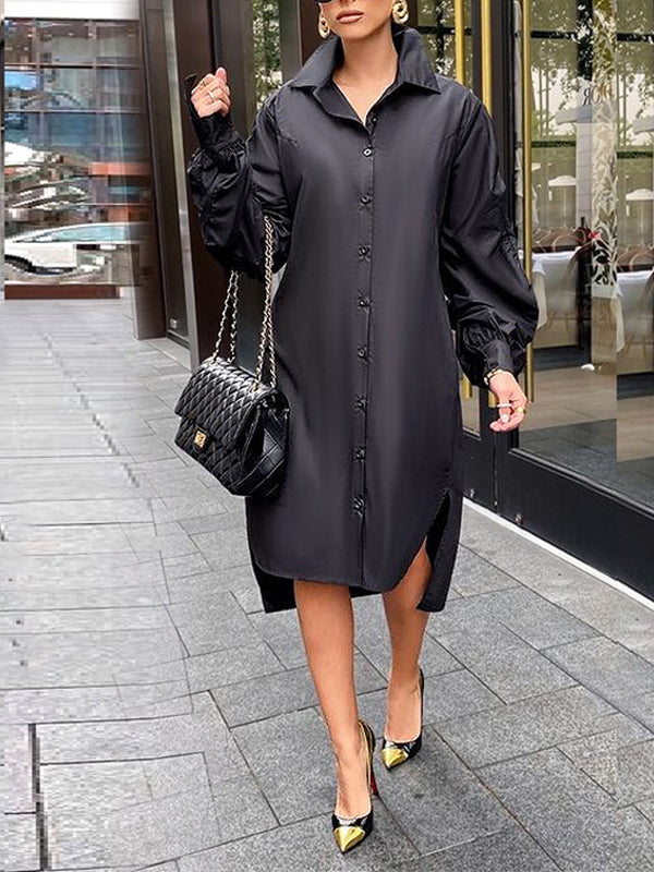 Beautiedoll Solid Ruched-Sleeve Shirt Dress