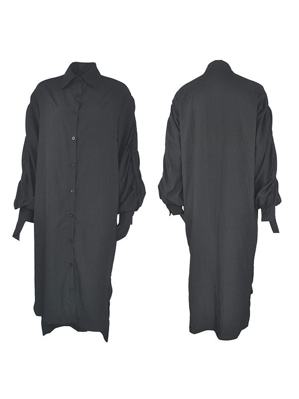 Solid Ruched-Sleeve Shirt Dress