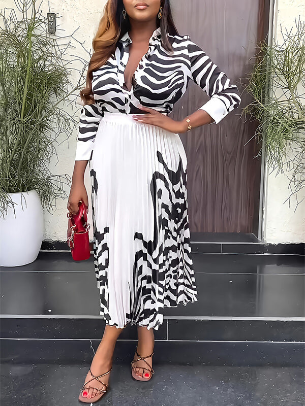 Zebra-Print Shirt & Pleated Skirt Set