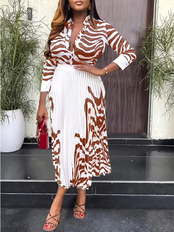 Zebra-Print Shirt & Pleated Skirt Set