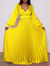 V-Neck Belted Pleated Dress