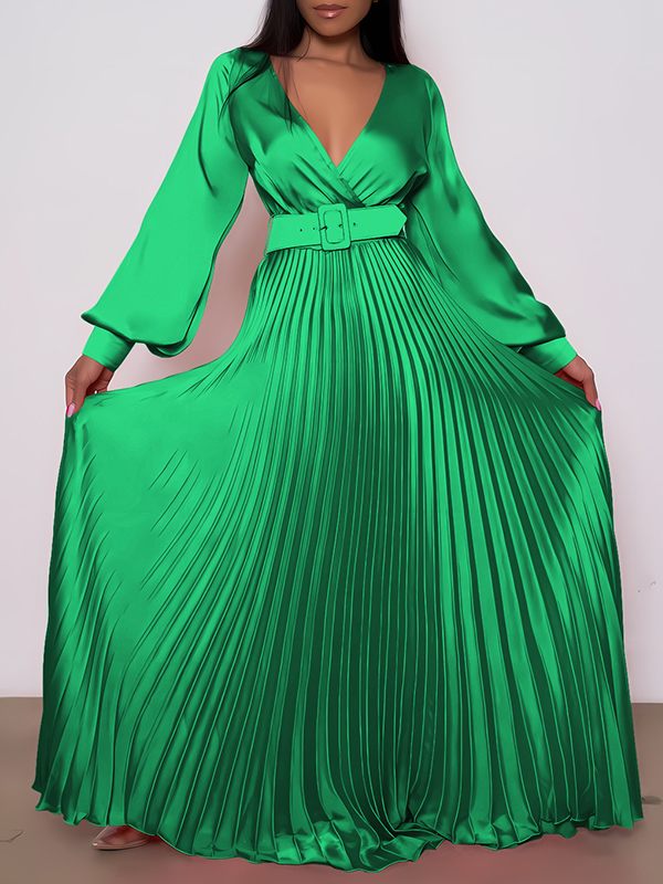 V-Neck Belted Pleated Dress