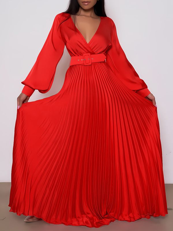 V-Neck Belted Pleated Dress