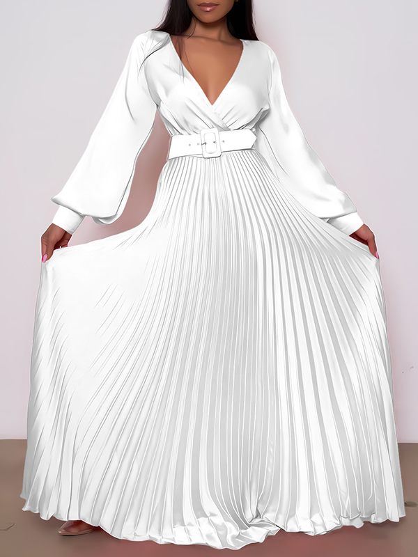 V-Neck Belted Pleated Dress